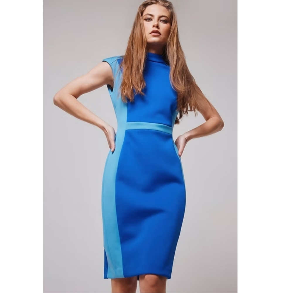 Calvin Klein Colorblock Sheath Dress In Capr/ Steel Blue Scuba Womens Size 10